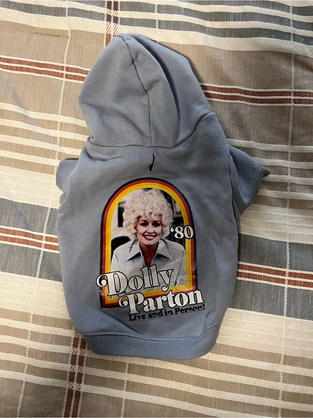 Doggy Dolly Parton Live & In Person BLUE Retro Iron On Dog Hoodie Jacket Retro S